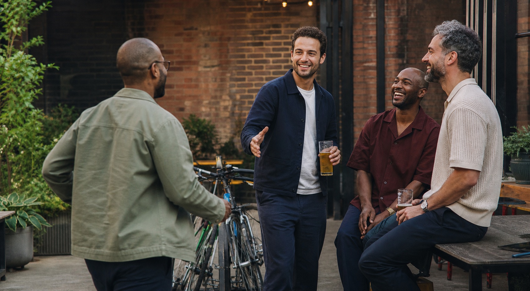 A group of friends greeting each other in an East London pub garden